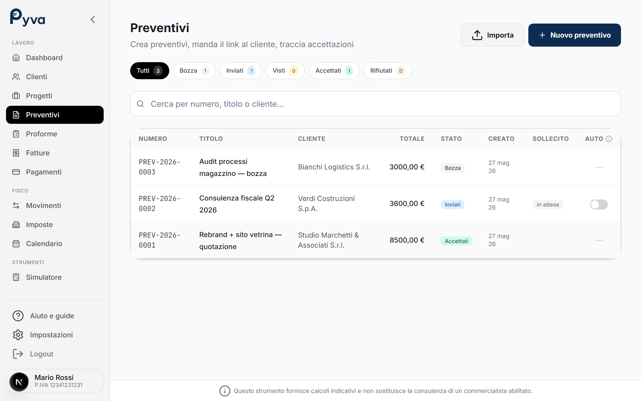 Preventivi Pyva con accettazione online per clienti