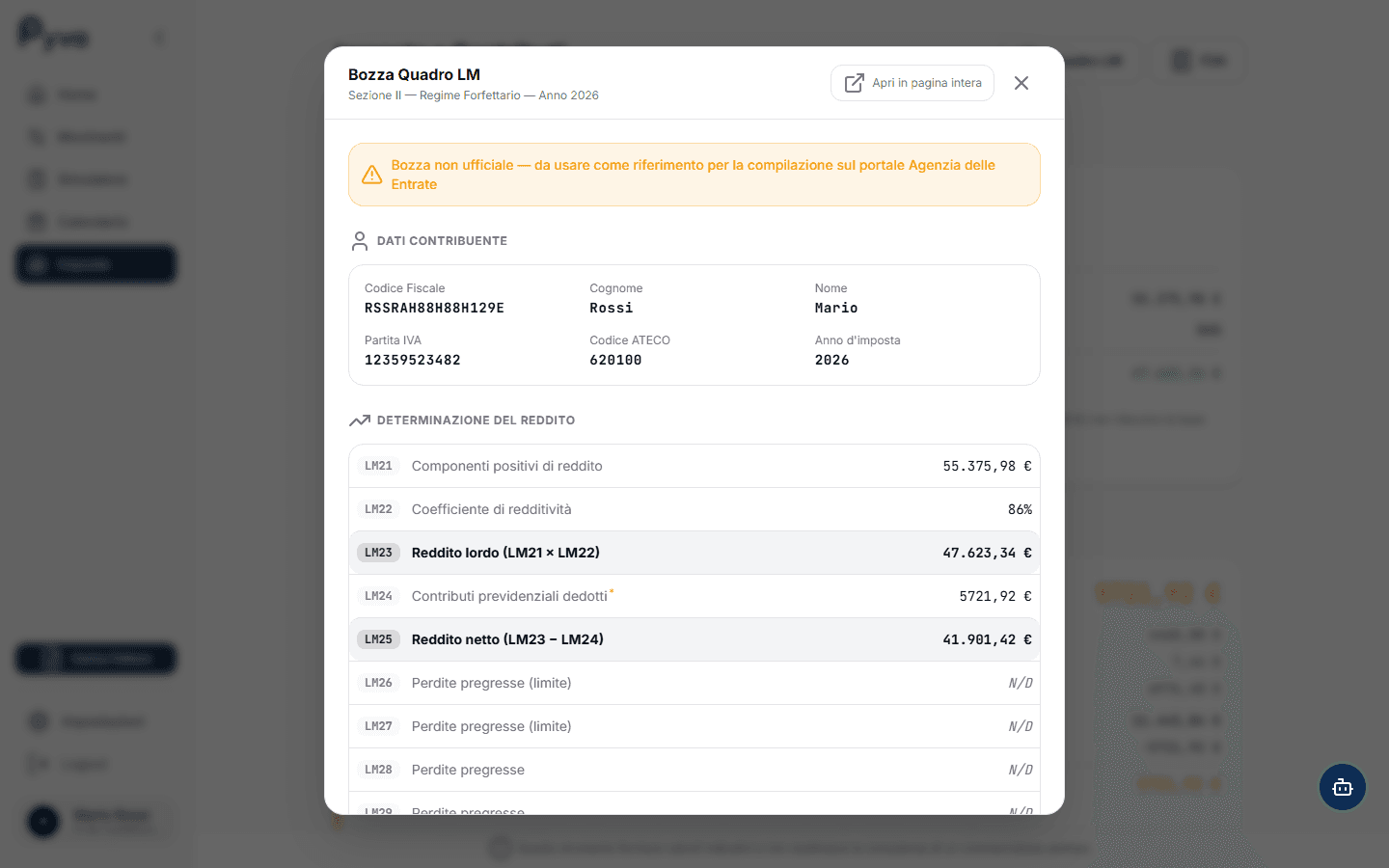 Quadro LM dichiarazione